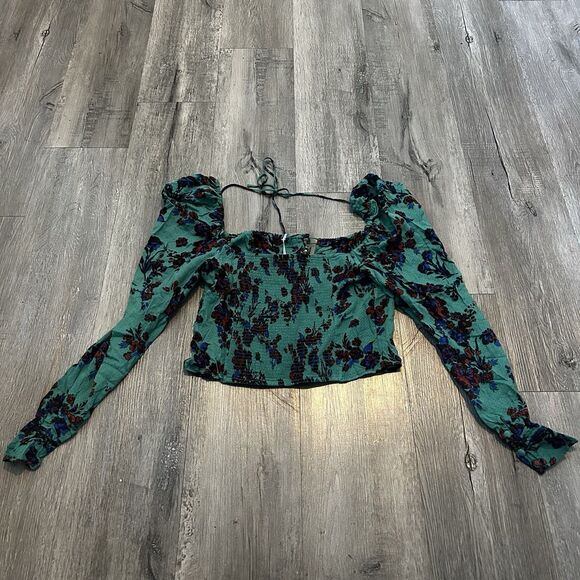 Free People Hilary Printed Top Medium Green Combo Smocked Long Sleeve Blouse - Picture 6 of 8